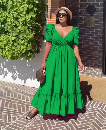 Green puff-sleeve maxi dress with wrap bodice and ruffle hem