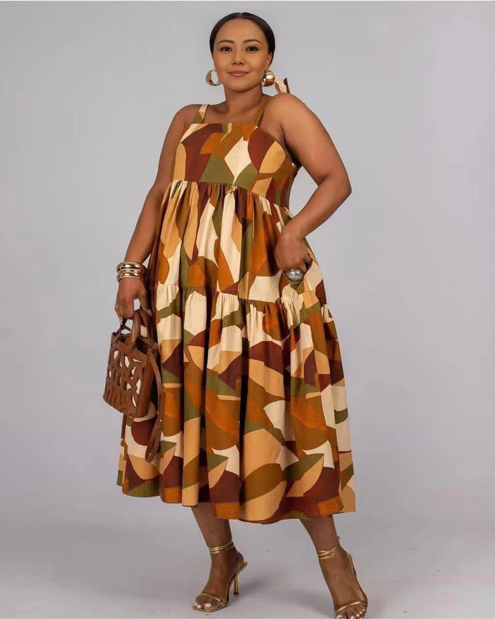 Abstract printed midi dress, sleeveless halter straps, geometric brown, olive, beige pattern