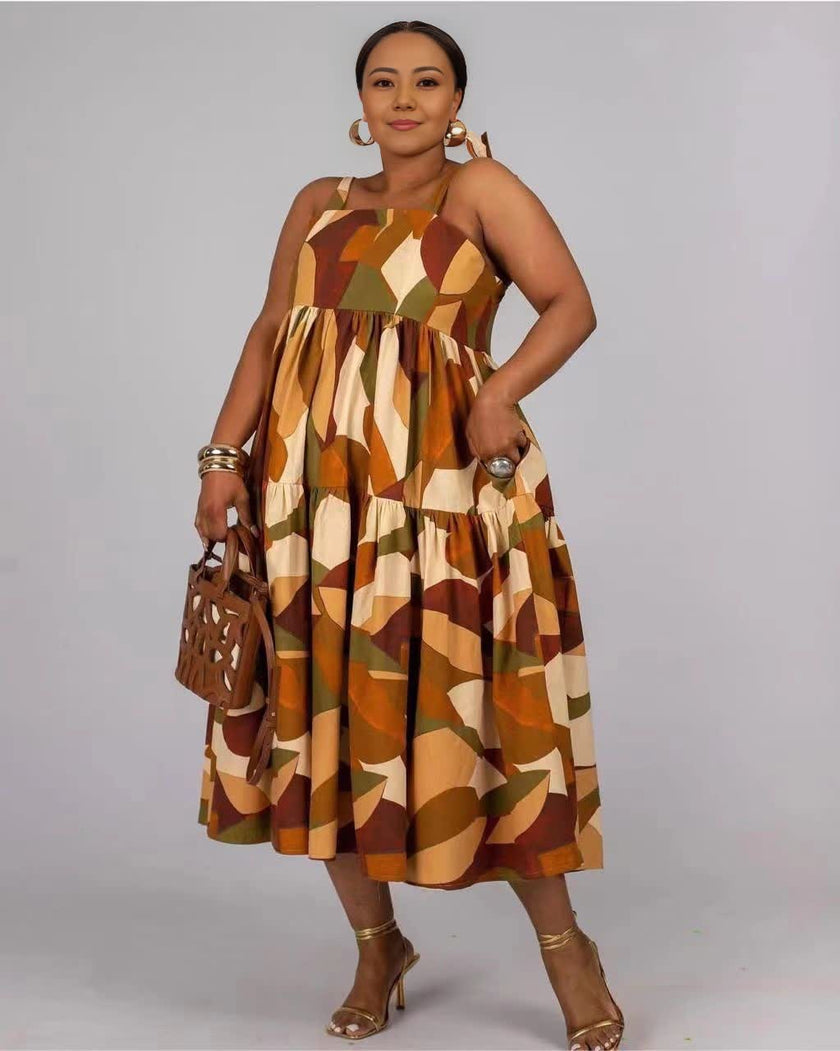 Abstract printed midi dress, sleeveless halter straps, geometric brown, olive, beige pattern