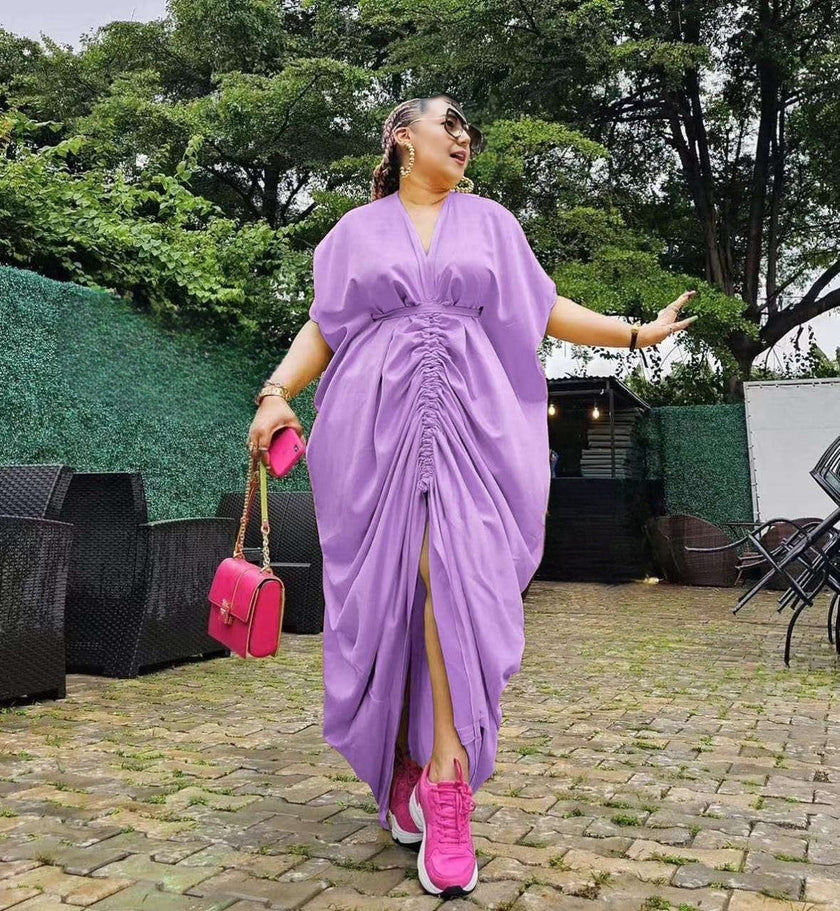 Purple ruched maxi dress, V-neck, gathered adjustable waist, loose fit