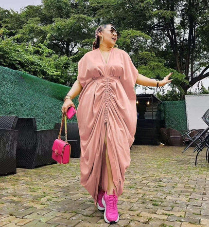 Pink ruched maxi dress, V-neck, gathered adjustable waist, loose fit