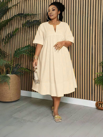 Cream V-neck midi dress with short sleeves and gathered waist, loose fit
