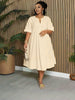 Cream V-neck midi dress with short sleeves and gathered waist, loose fit