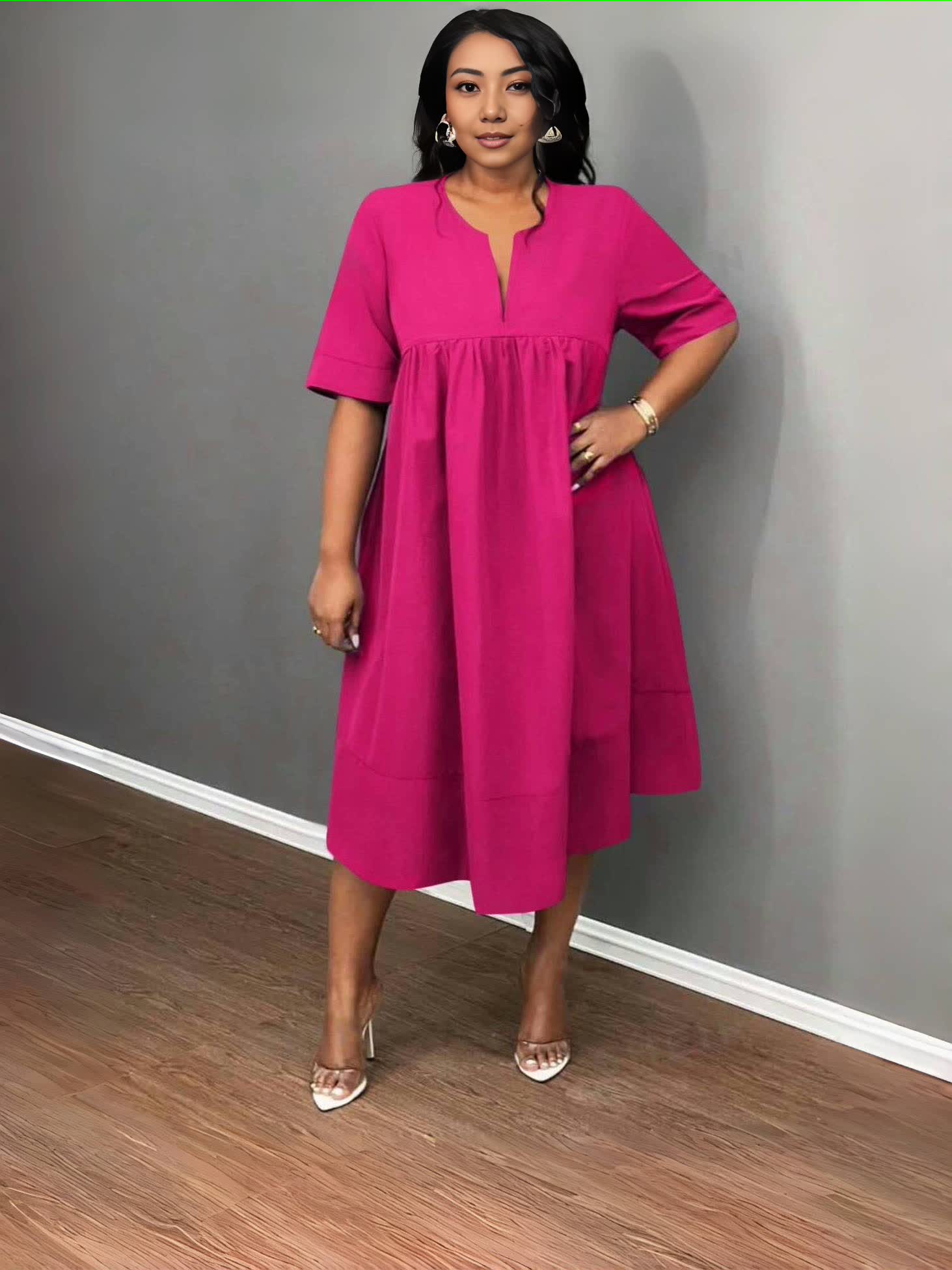 Hot pink V-neck midi dress with short sleeves and gathered waist, loose fit
