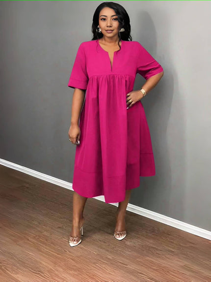 Hot pink V-neck midi dress with short sleeves and gathered waist, loose fit