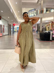 Dark khaki sleeveless midi dress with front zipper and adjustable drawstring waist