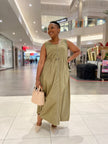 Dark khaki sleeveless midi dress with zipper front and gathered waist drawstring