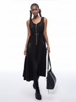 Sleeveless Dress, Front Zipper Design, Drawstring Waist