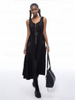 Black sleeveless midi dress with front zipper and adjustable drawstring waist