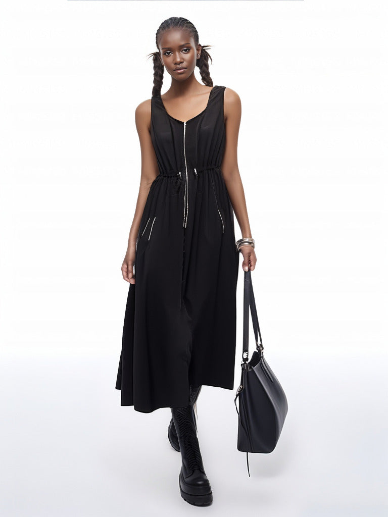 Black sleeveless midi dress with front zipper and adjustable drawstring waist