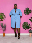 Sky-blue belted midi shirt dress with collar, button front, long sleeves, side slit