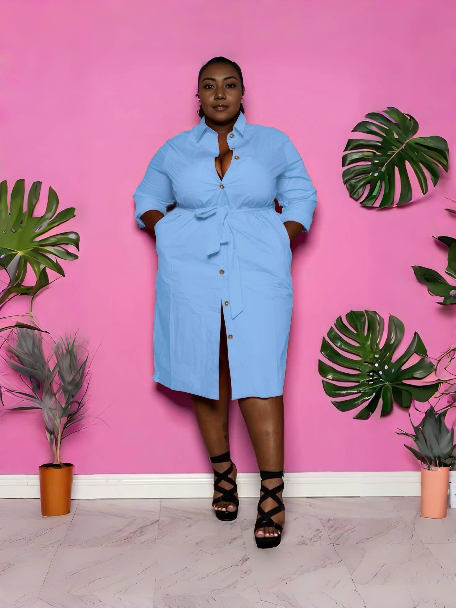 Sky-blue belted midi shirt dress with collar, button front, long sleeves, side slit