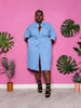 Sky-blue belted midi shirt dress with collar, button front, long sleeves, side slit
