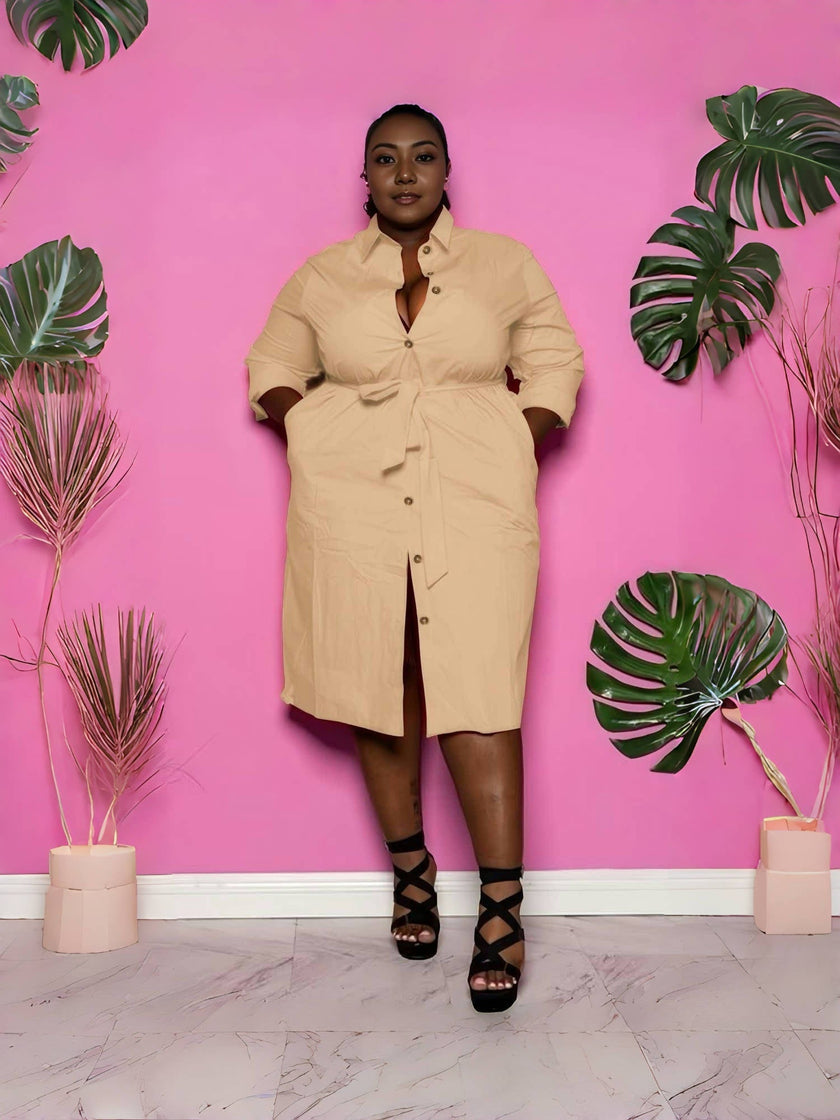 Nude belted midi shirt dress with collar, button front, long sleeves, side slit