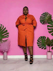 Orange-red belted midi shirt dress with collar, button front, long sleeves, side slit