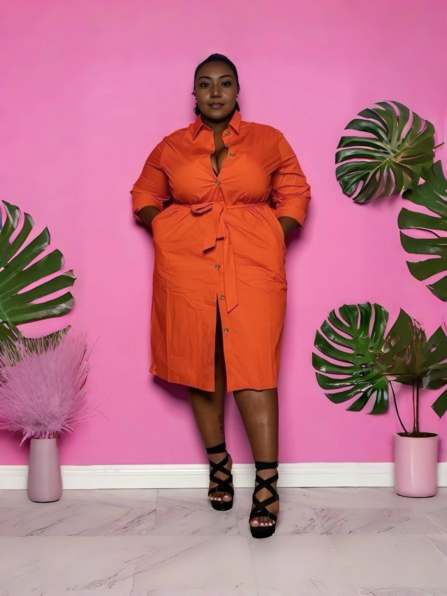 Orange-red belted midi shirt dress with collar, button front, long sleeves, side slit