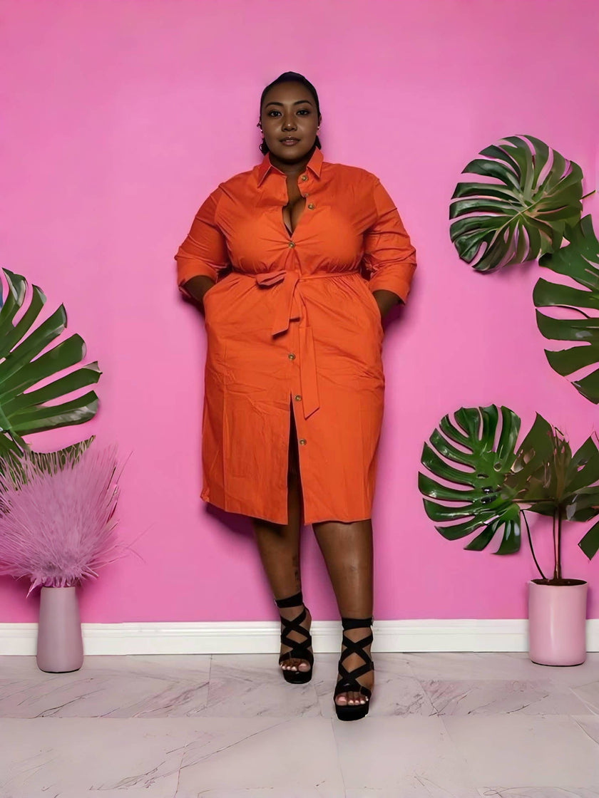 Orange-red belted midi shirt dress with collar, button front, long sleeves, side slit