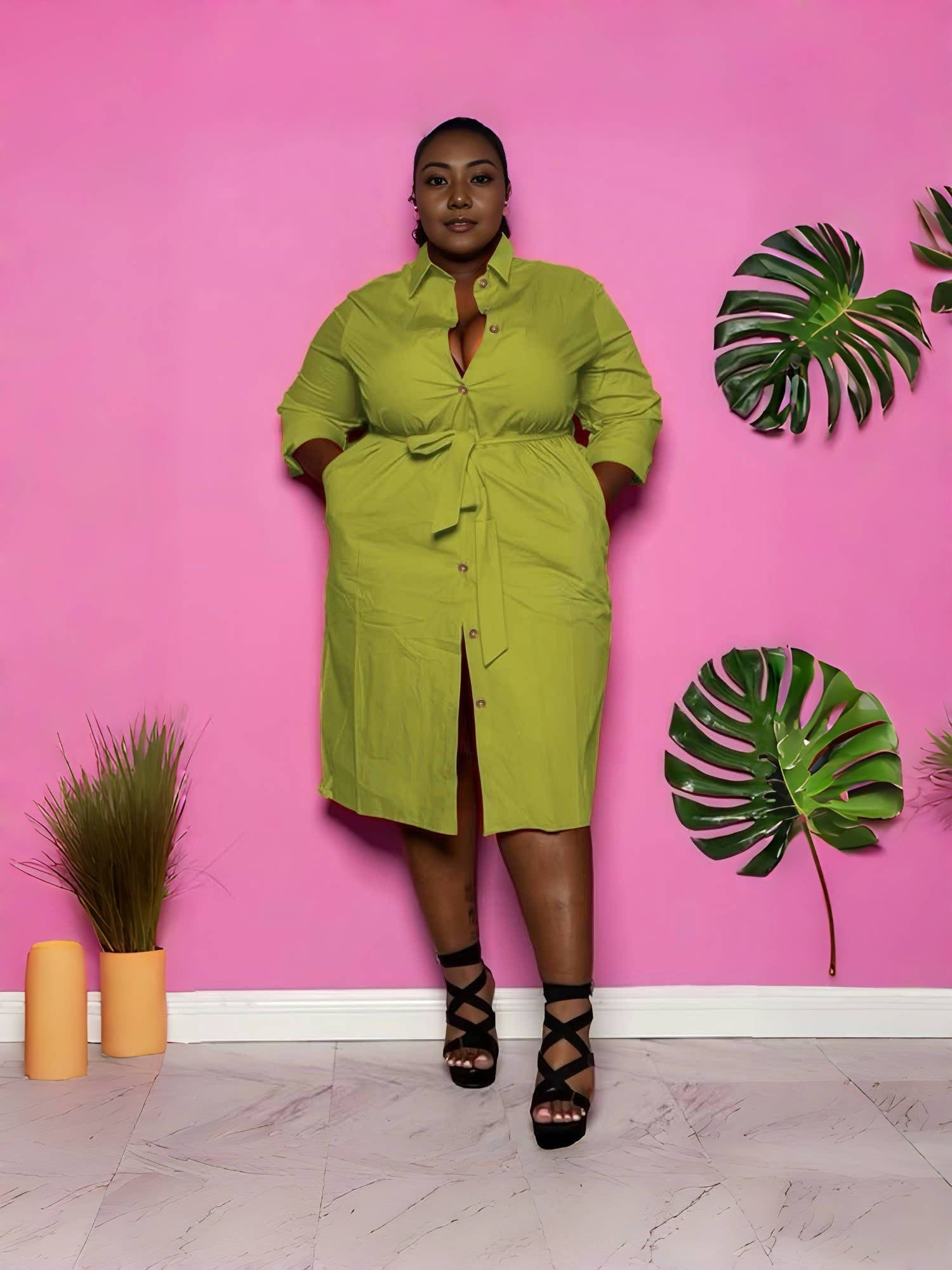 Yellow-green belted midi shirt dress with collar, button front, long sleeves, side slit