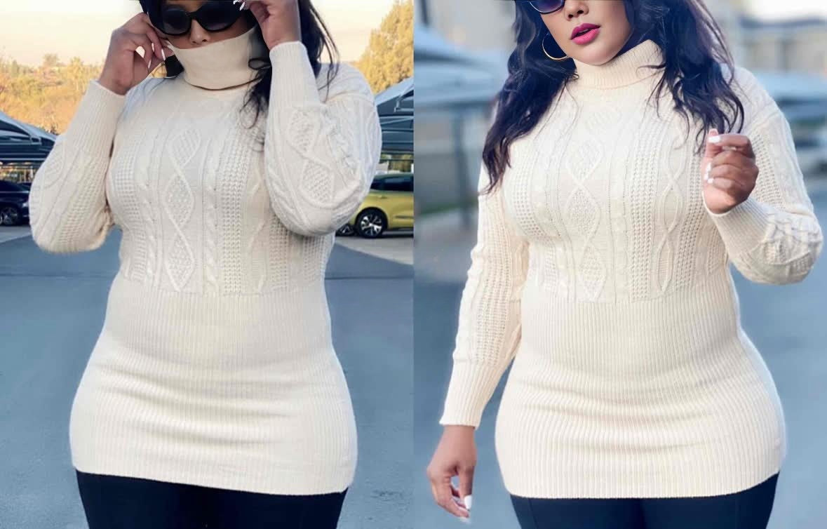 High-Neck Knitted Sweater with Delicate Geometric Pattern for Autumn and Winter