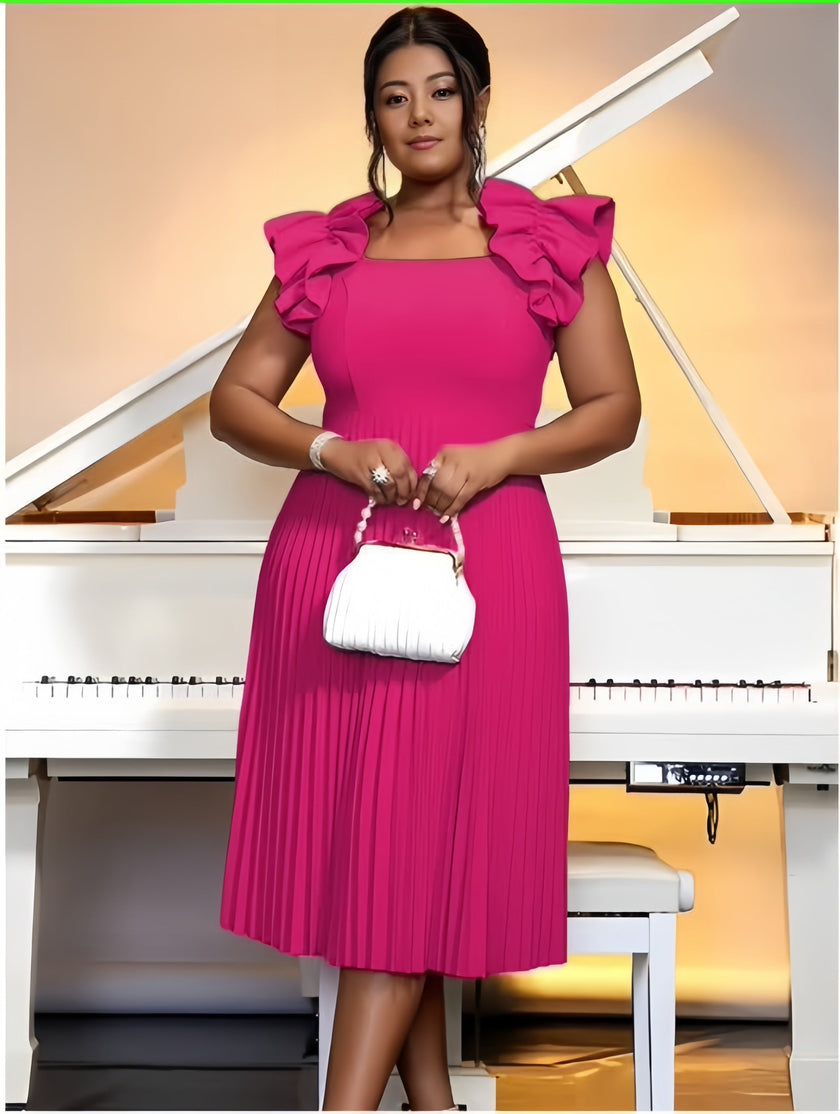 Pink midi pleated dress with puff ruffle sleeves and square neckline
