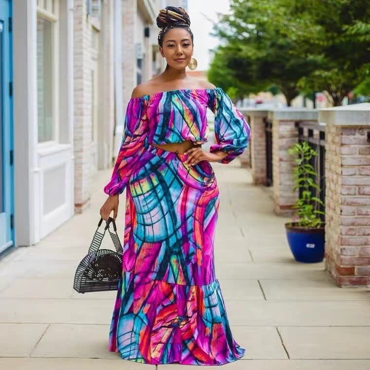 Off-shoulder maxi skirt set with puff sleeves, multicolor abstract print