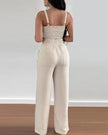 Two-piece v-neck crop top and wide-leg trousers, cream back view
