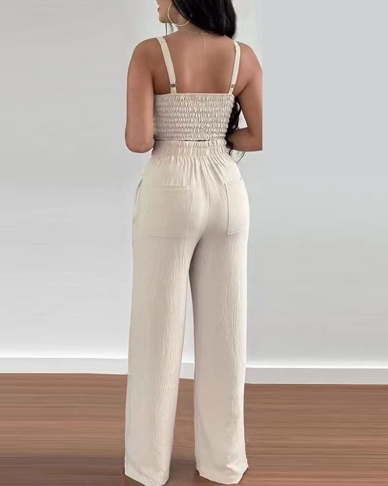 Two-piece v-neck crop top and wide-leg trousers, cream back view