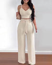 Two-piece v-neck crop top and wide-leg trousers in beige