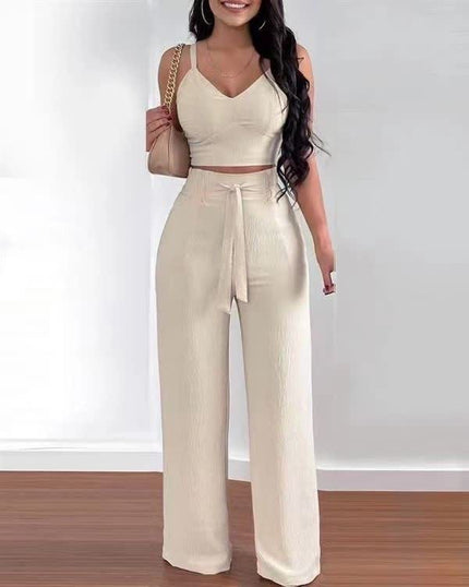 Two-piece v-neck crop top and wide-leg trousers in beige