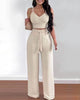 Two-piece v-neck crop top and wide-leg trousers in beige