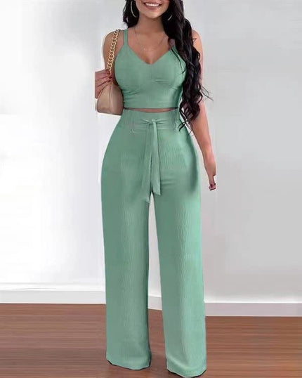 Two-piece v-neck crop top and wide-leg trousers in teal-green