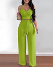 Two-piece v-neck crop top and wide-leg trousers in lime green