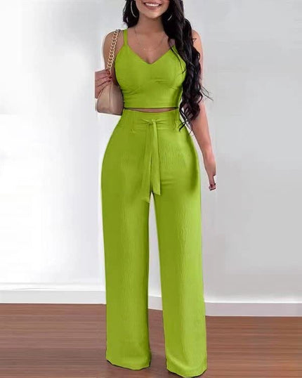 Two-piece v-neck crop top and wide-leg trousers in lime green