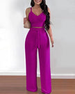 Two-piece v-neck crop top and wide-leg trousers in deep purple