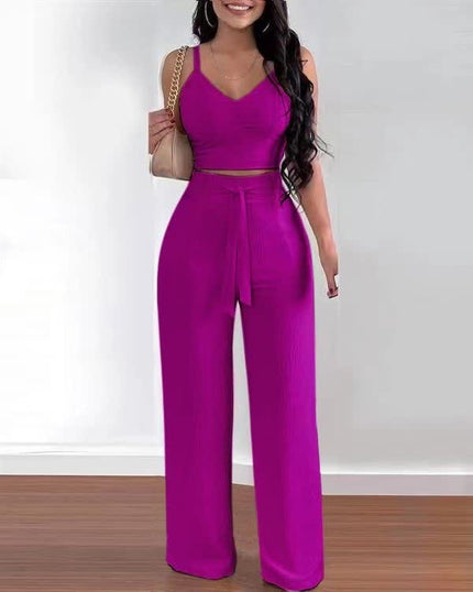 Two-piece v-neck crop top and wide-leg trousers in deep purple