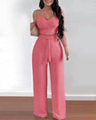 Two-piece v-neck crop top and wide-leg trousers in pink