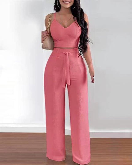 Two-piece v-neck crop top and wide-leg trousers in pink