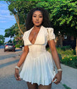 Deep V-Neck Short Sleeve Dress｜Puff Sleeves with Lace Trim