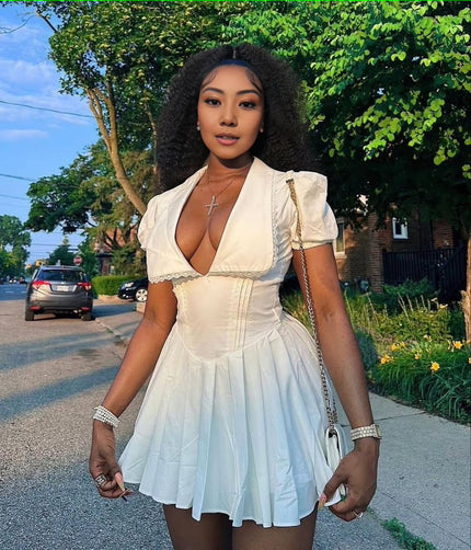 Deep V-Neck Short Sleeve Dress｜Puff Sleeves with Lace Trim