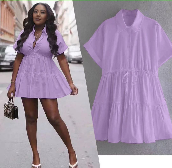 Tiered drawstring mini dress, light-purple, V-neck, short sleeves, tiered skirt