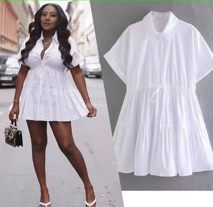 Tiered drawstring mini dress, white, V-neck, short sleeves, tiered skirt