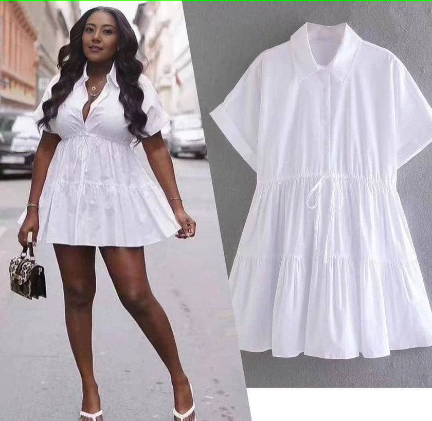 Dress Tiered Drawstring Shirt Mini Chic Casual