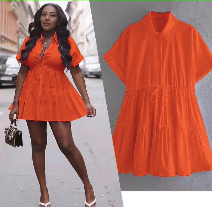 Tiered drawstring mini dress, orange-red, V-neck, short sleeves, tiered skirt