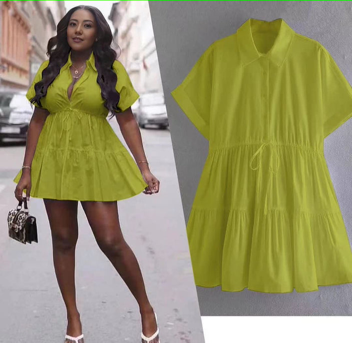 Tiered drawstring mini dress, yellow-green, V-neck, short sleeves, tiered skirt