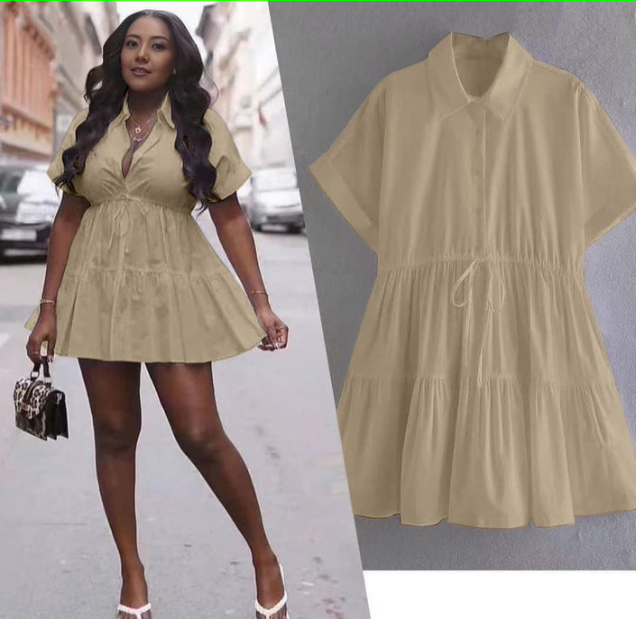 Tiered drawstring mini dress, tan, V-neck, short sleeves, tiered skirt