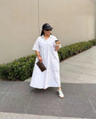 White shirt dress maxi with short sleeves and button front