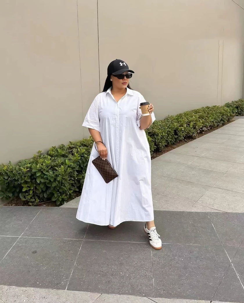 White shirt dress maxi with short sleeves and button front