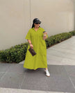 Lime green shirt dress maxi with short sleeves and button front