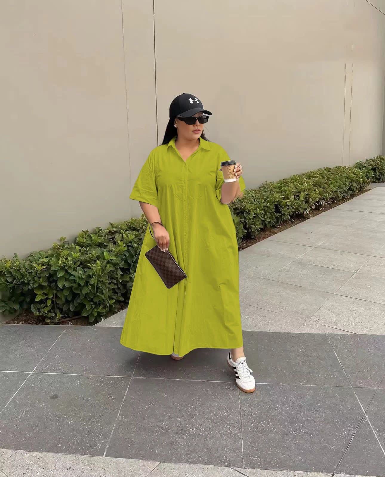 Lime green shirt dress maxi with short sleeves and button front