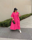 Deep pink shirt dress maxi with short sleeves and button front